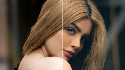 A portrait before and after colour grading