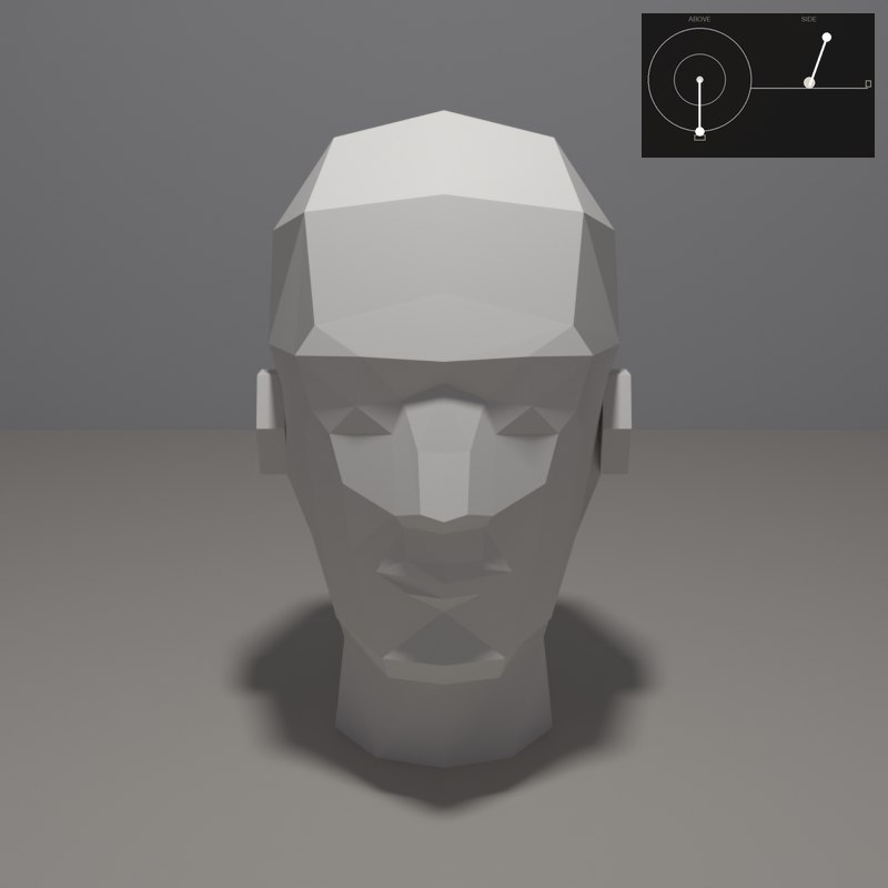 The brow overhangs the eye sockets, so the sockets are dark whenever the lamp is above.