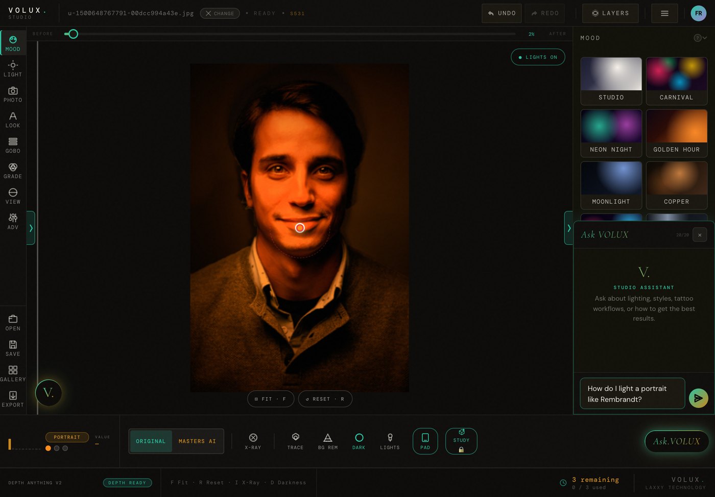 The VOLUX studio with the Ask VOLUX panel open and a question typed in