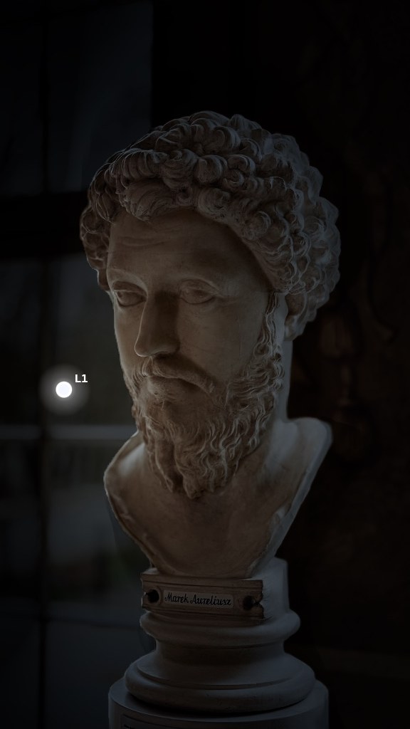 The bust lit by a cool LED lamp from the left