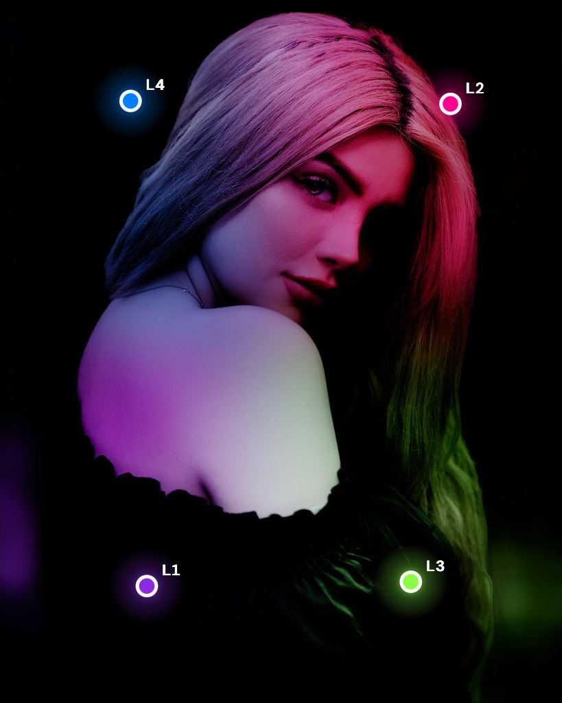 The portrait lit by four coloured lamps: blue, magenta, purple and green
