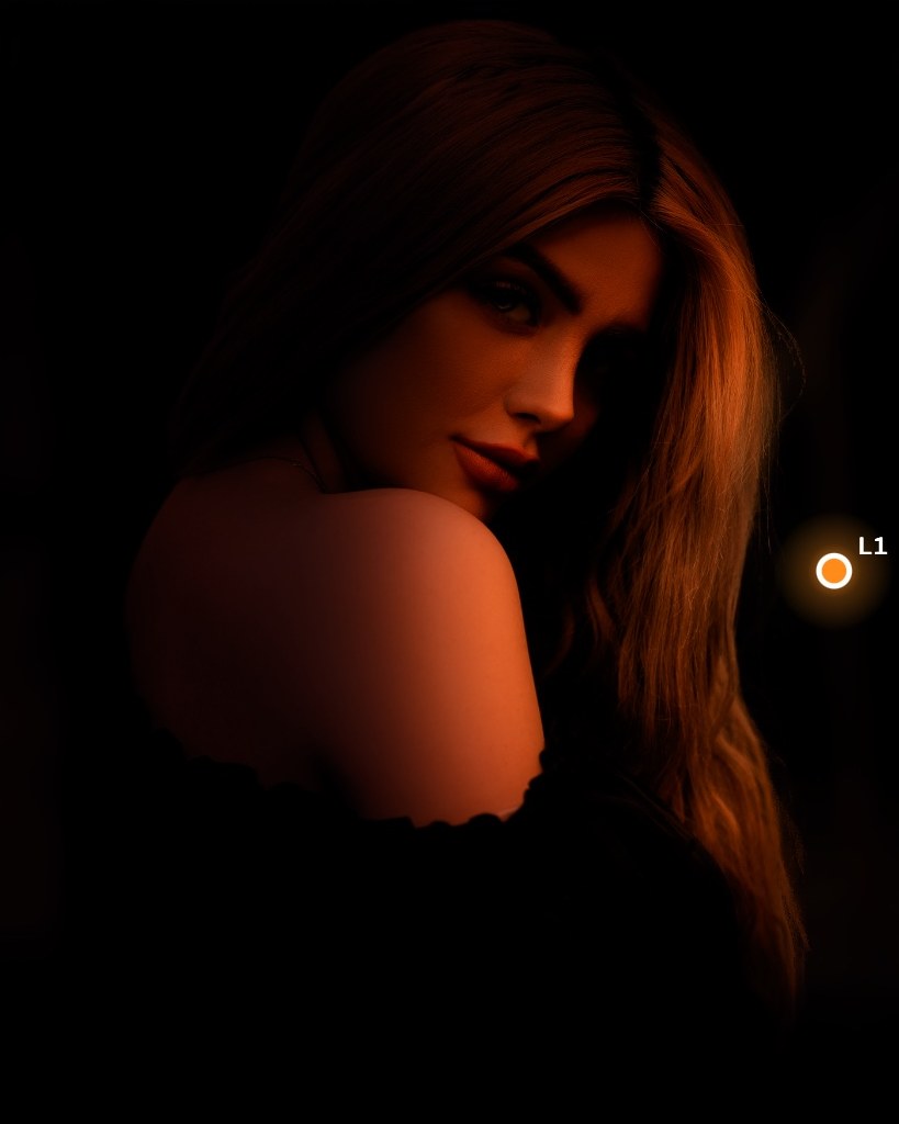 The portrait lit by one orange fire-coloured lamp from the right