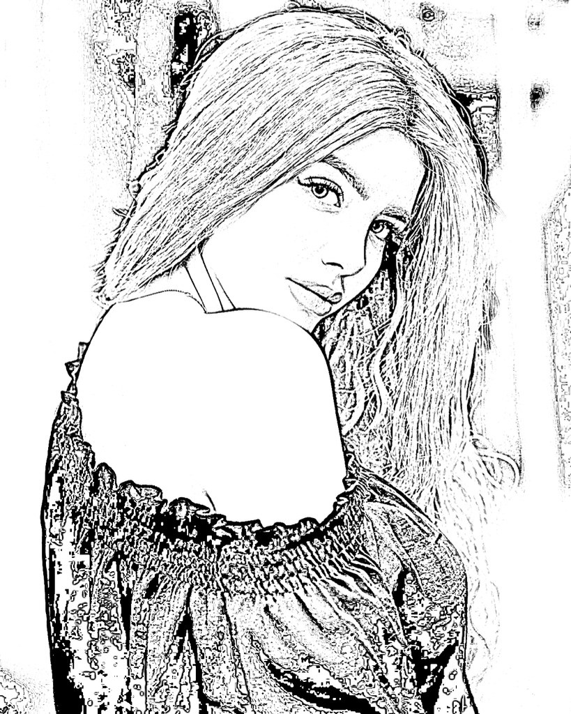 The same portrait traced as a clean black line stencil