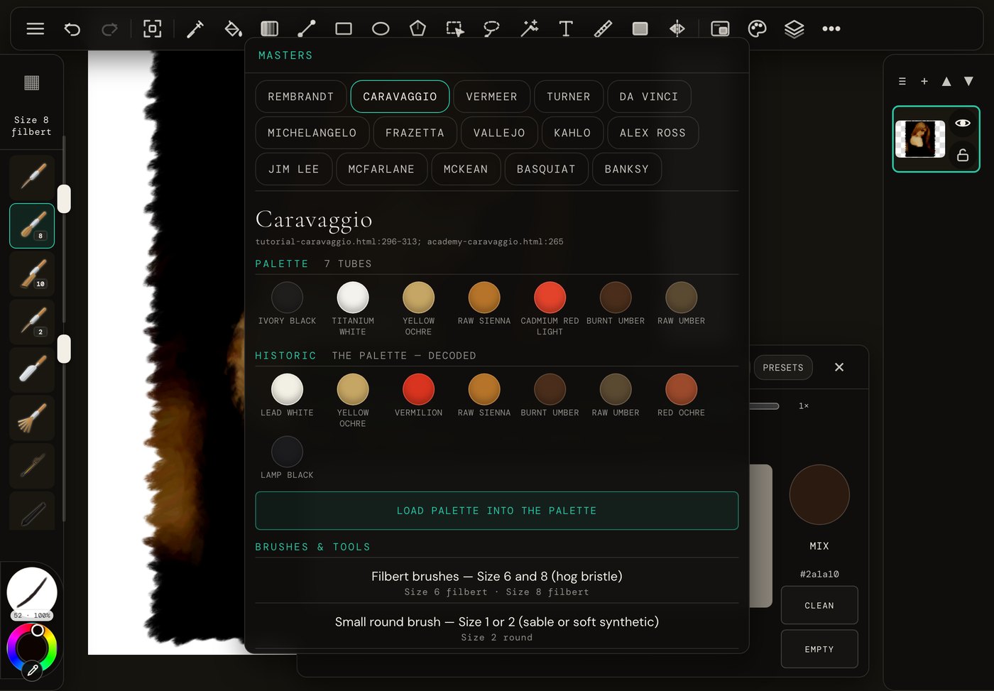 The Pad palette with Caravaggio&rsquo;s tubes loaded from the Masters list