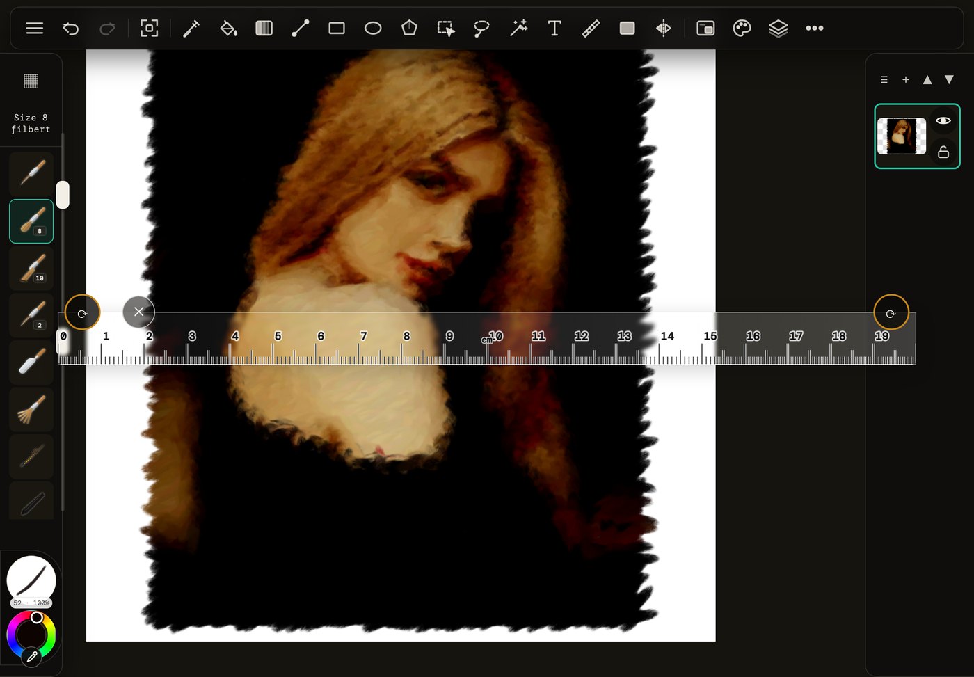 The real-world centimetre ruler laid over a painting in the Pad