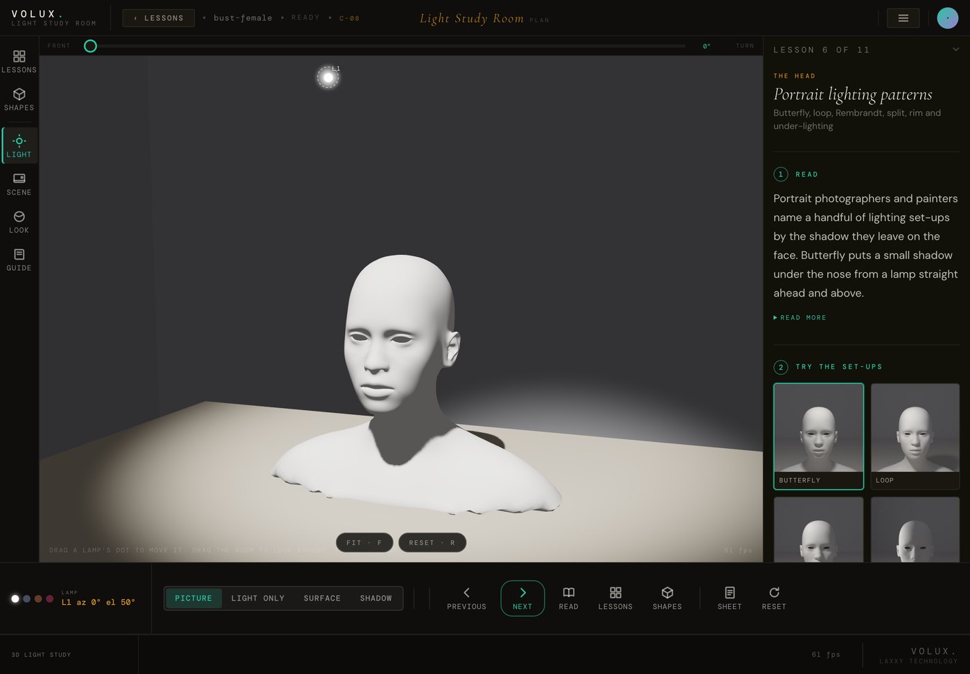 The Light Study Room: a bust under one lamp, with the lesson guide and the lesson buttons