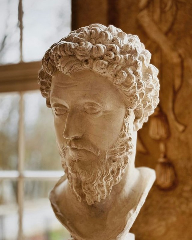 A marble bust of a Roman emperor in soft window light